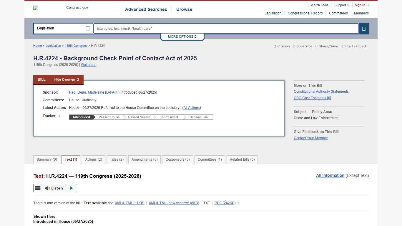 Text - H.R.4224 - 119th Congress (2025-2026): Background Check Point of Contact Act of 2025 Congress.gov Library of Congress